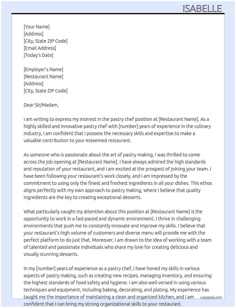 pastry chef At restaurant Cover Letter