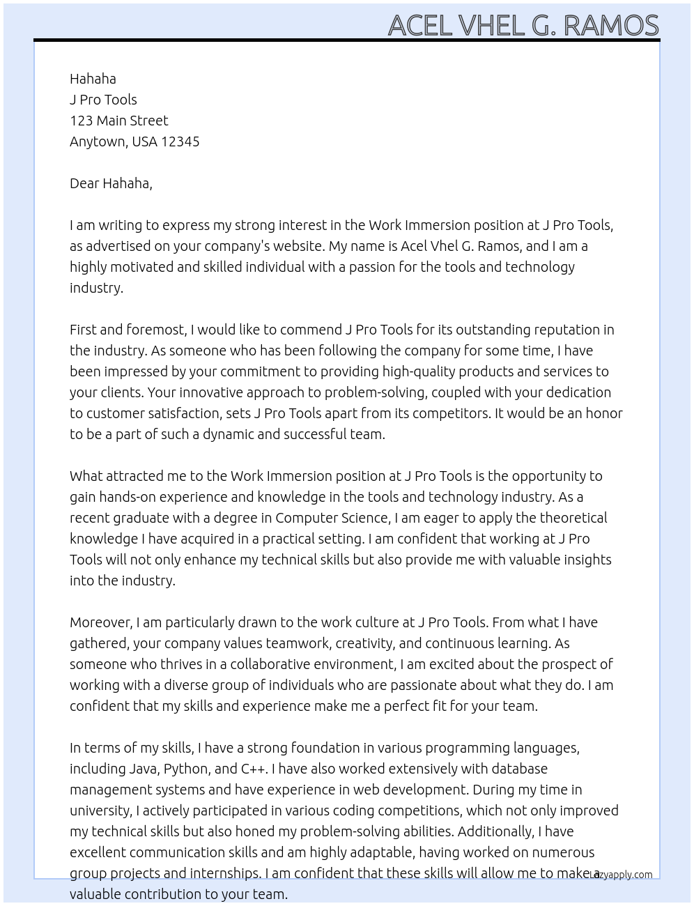 Work immersion At J Pro Tools Cover Letter