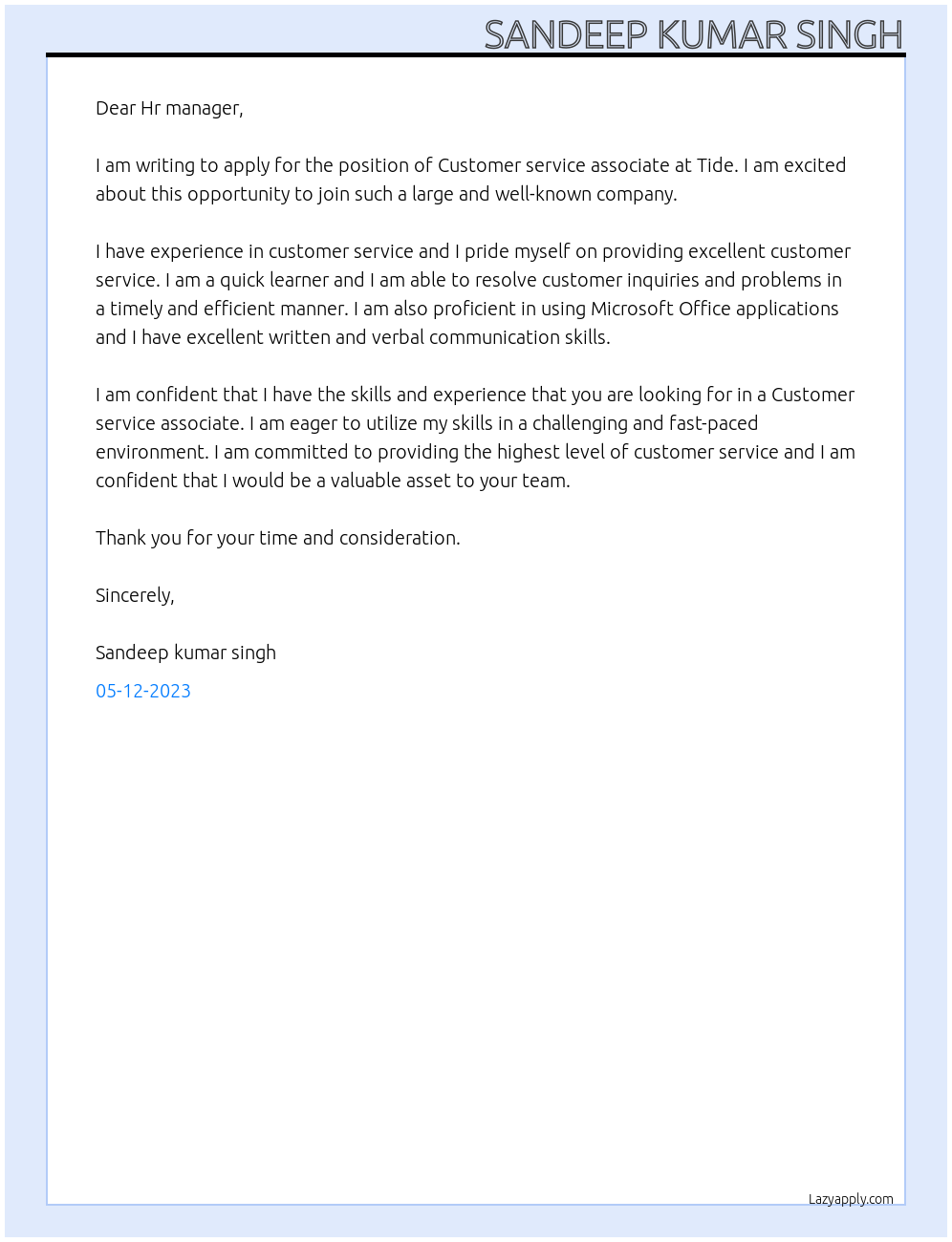 Customer service associate At Tide Cover Letter