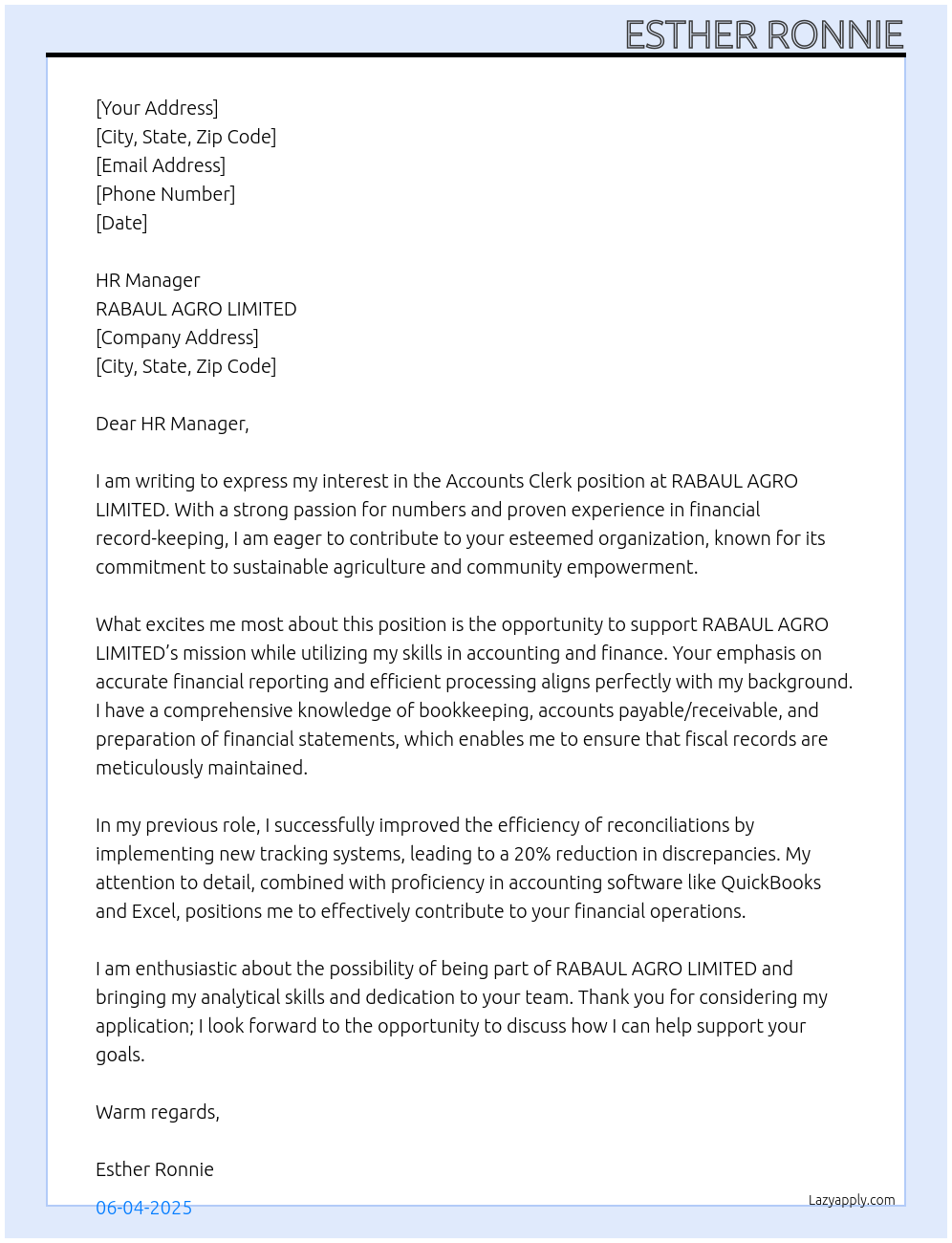 Accounts Clerk At RABAUL AGRO LIMITED Cover Letter