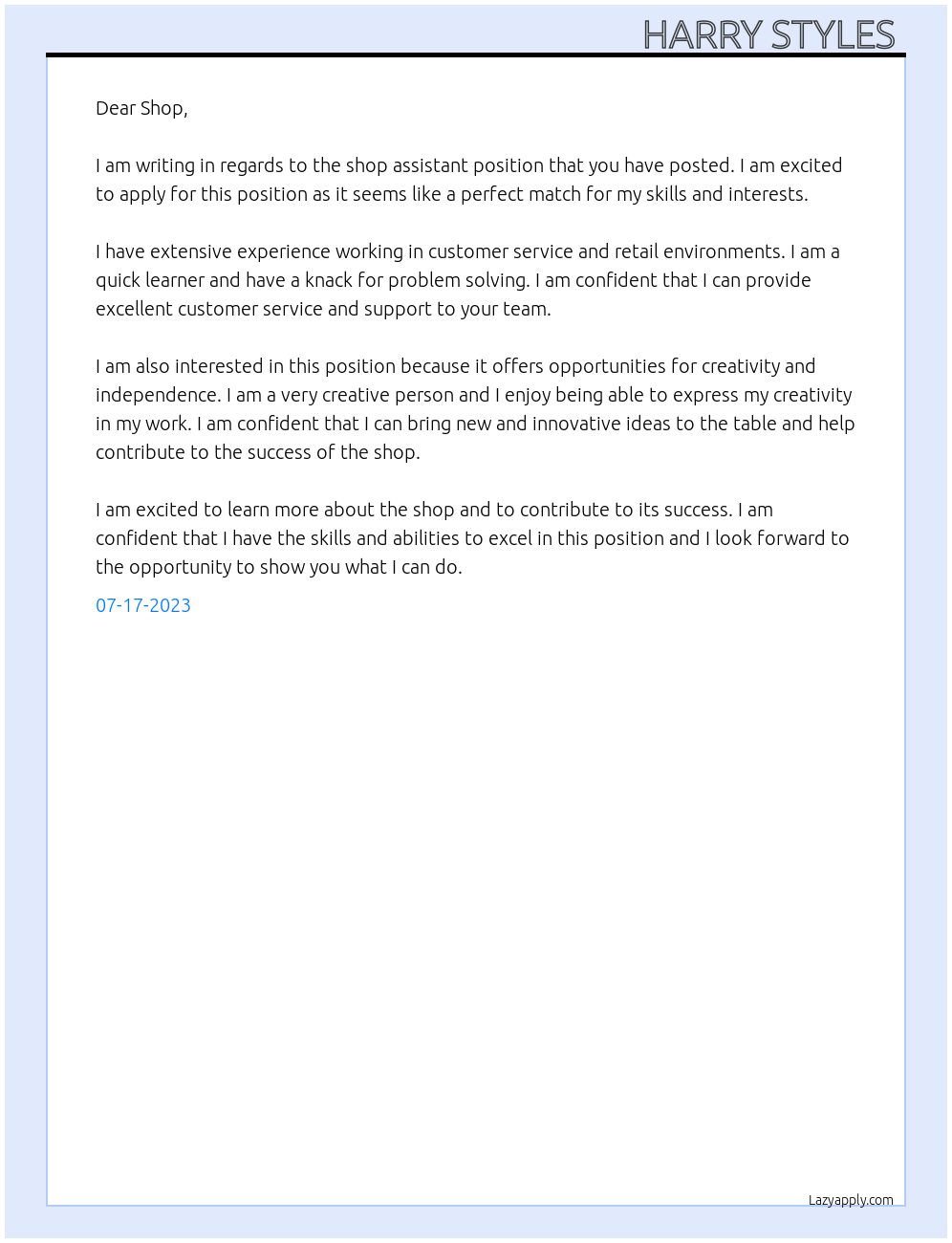 shop assistant At Shop Cover Letter