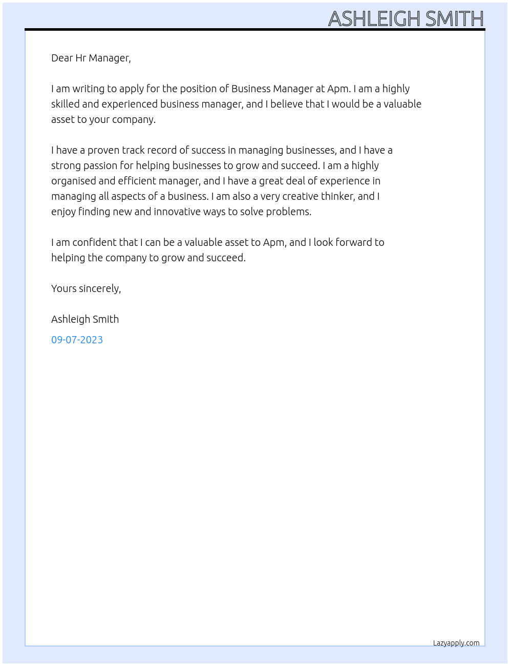 Business Manager At Apm Cover Letter