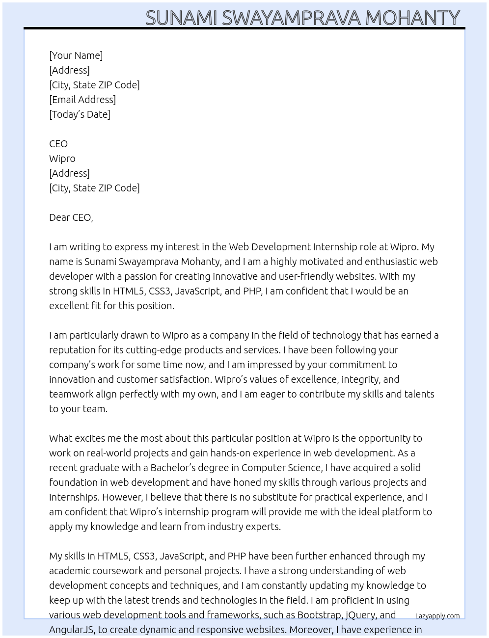 Web development At Wipro Cover Letter