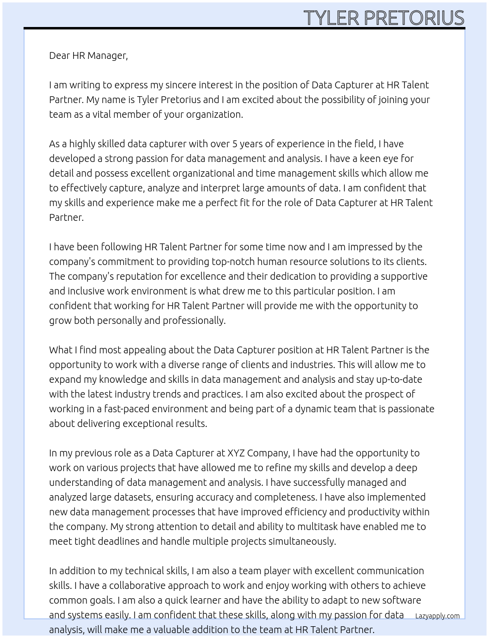 Data Capturer At HR Talent Partner Cover Letter
