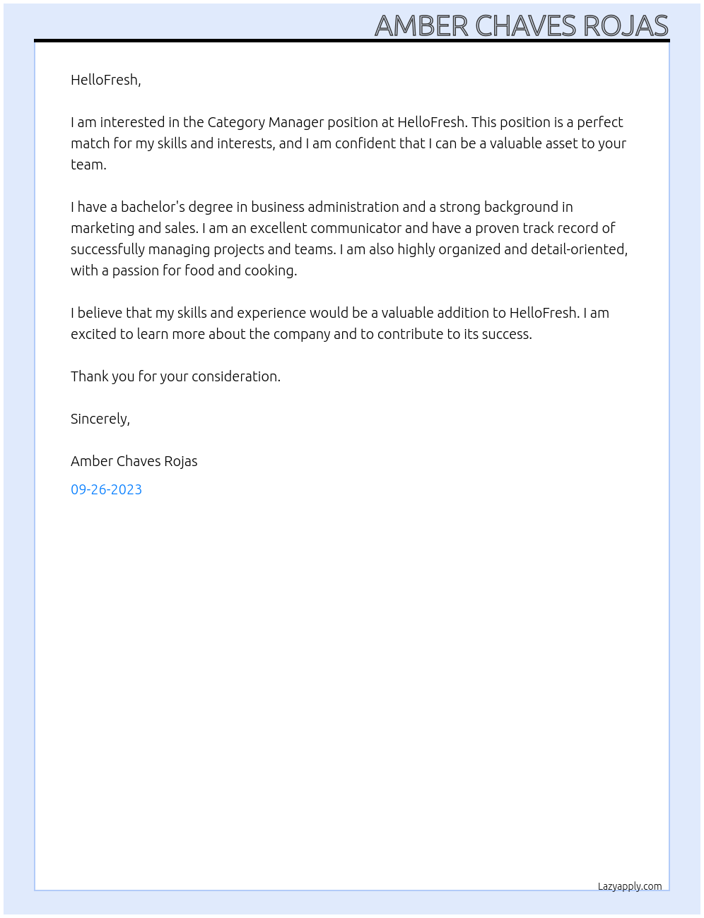 Category Manager At HelloFresh Cover Letter