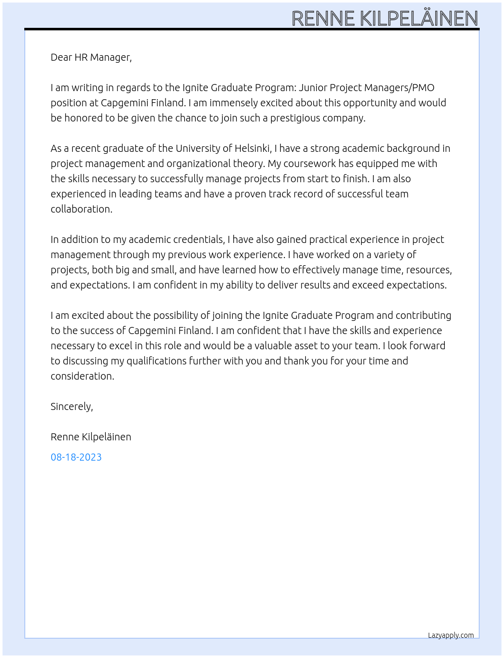 Ignite Graduate Program: Junior Project Managers/PMO At Capgemini Finland Cover Letter