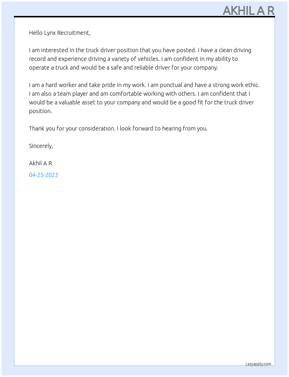 TRUCK DRIVER At Lynx Recruitment Cover Letter