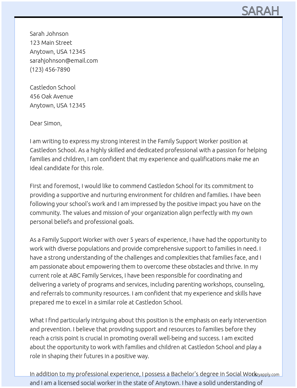 family support worker  At Castledon School  Cover Letter