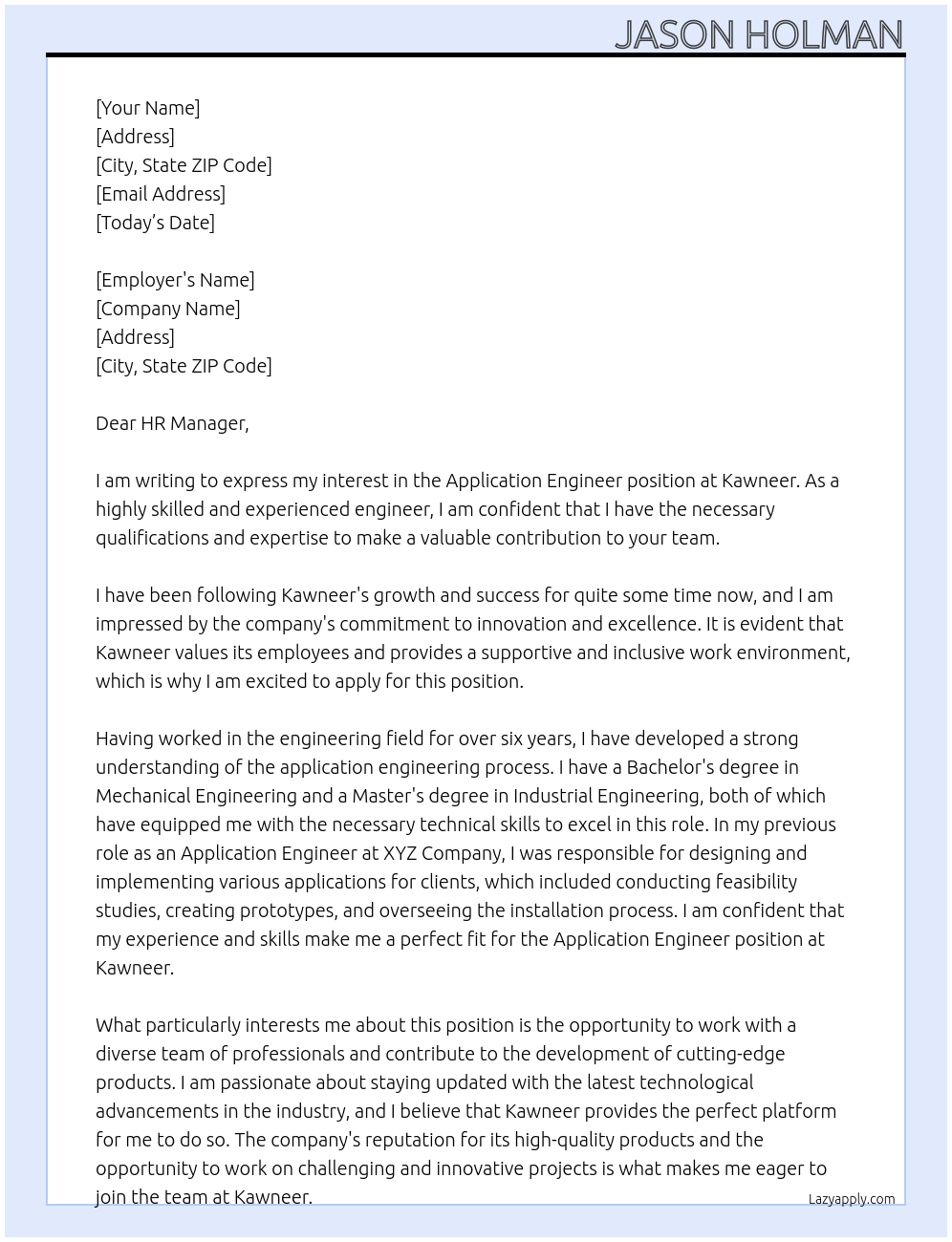 Application Engineer At Kawneer Cover Letter