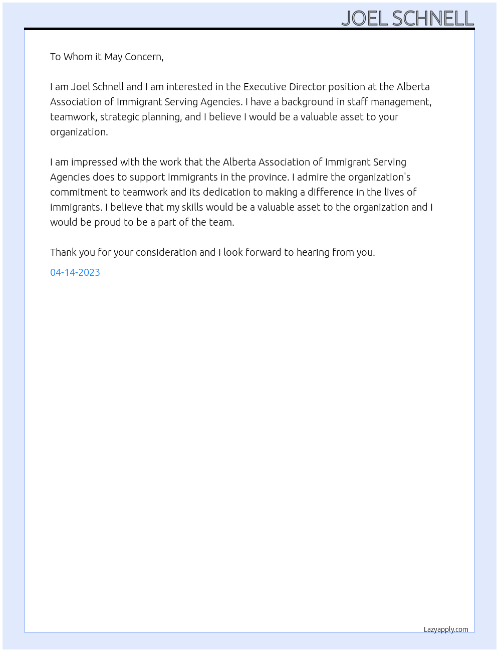 Executive Director At Alberta Association of Immigrant Serving Agencies Cover Letter