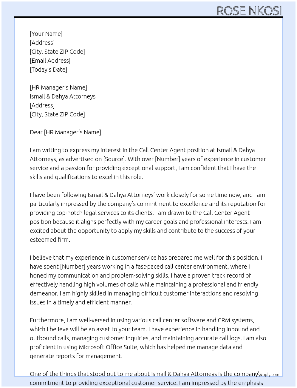 Call center Agent At Ismail &Dahya Attorneys Cover Letter