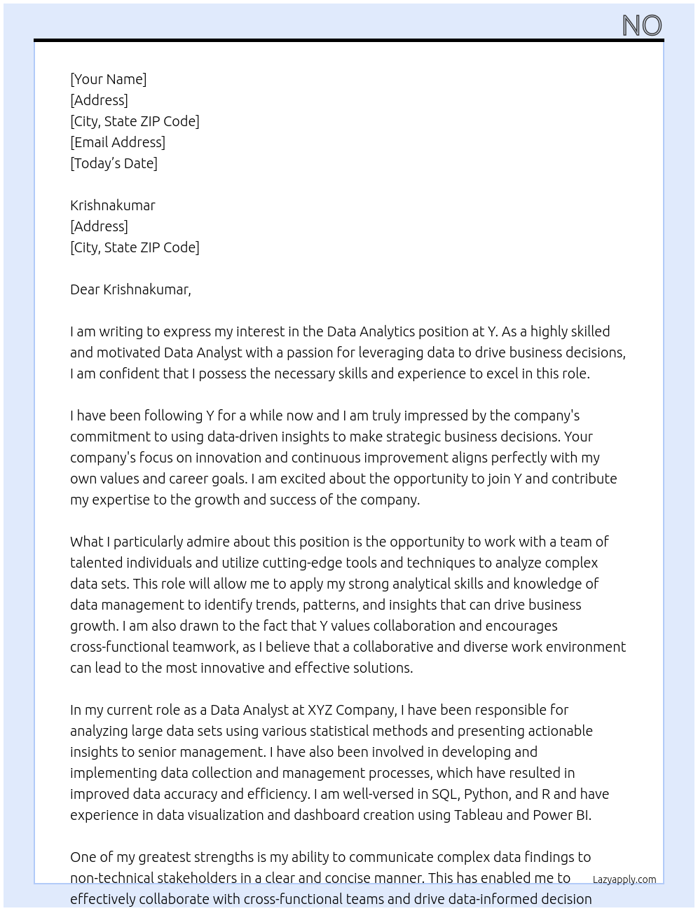 Data Analytics  At Y Cover Letter