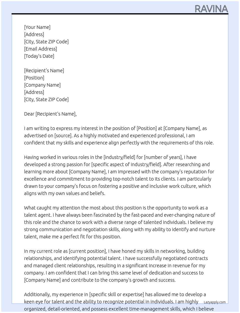 any job At talent recruiting company Cover Letter