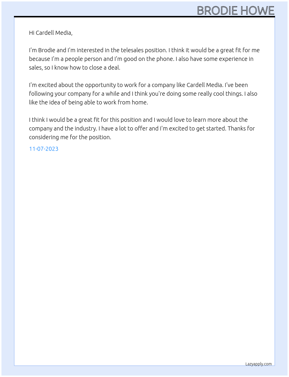 Telesales agent At Cardell Media Cover Letter