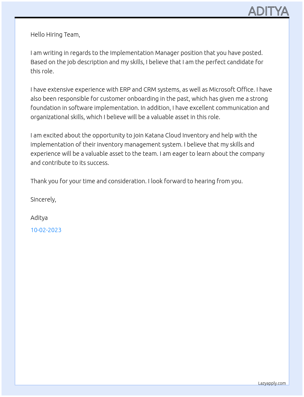 Implementation Manager At Katana Cloud Inventory Cover Letter