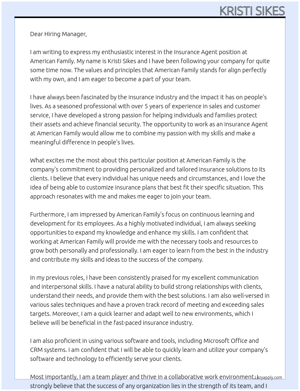Insurance agent At American family Cover Letter