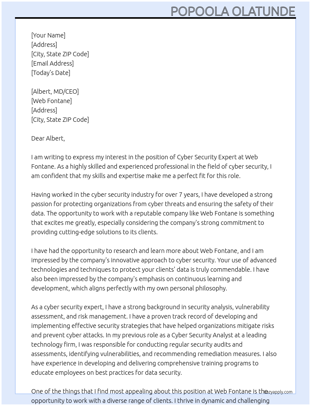 cyber security expert At Web fontane Cover Letter