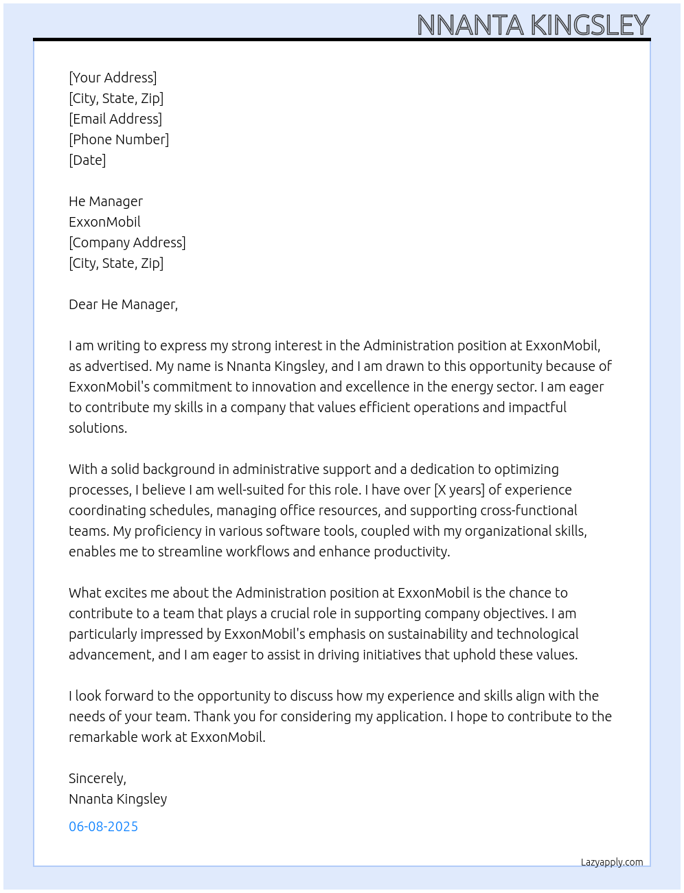 Administration At Exxonmobil Cover Letter