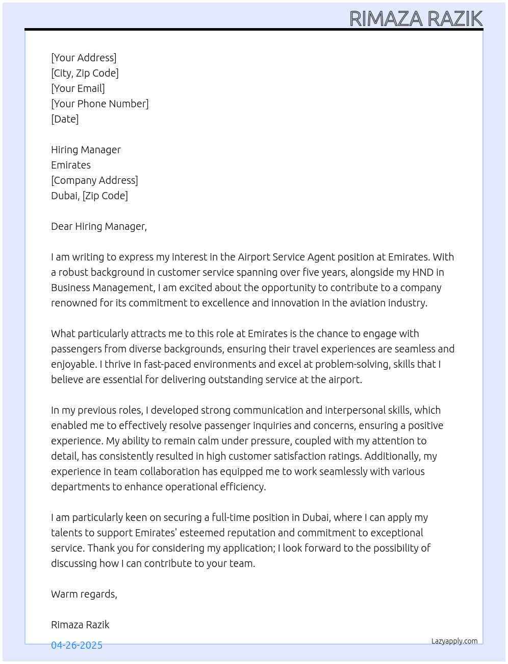 Airport service agent At Emirates Cover Letter