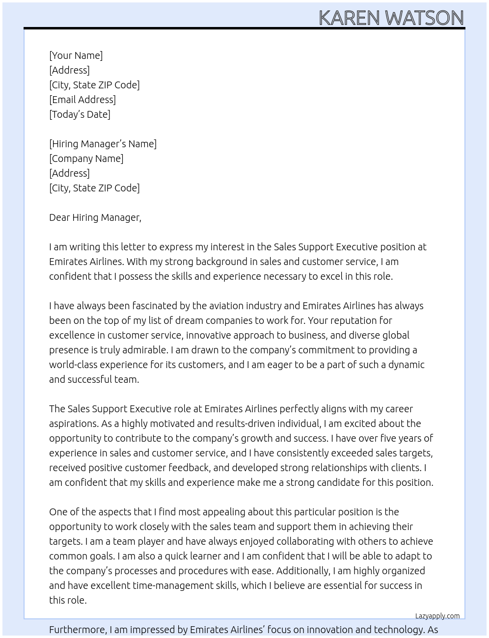 sales support executive At Emirates Airlines Cover Letter