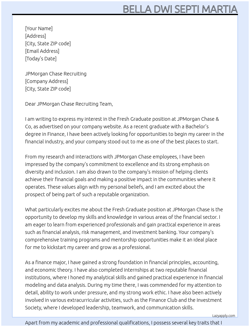 fresh graduate At JpMorgan Chase & Co Cover Letter