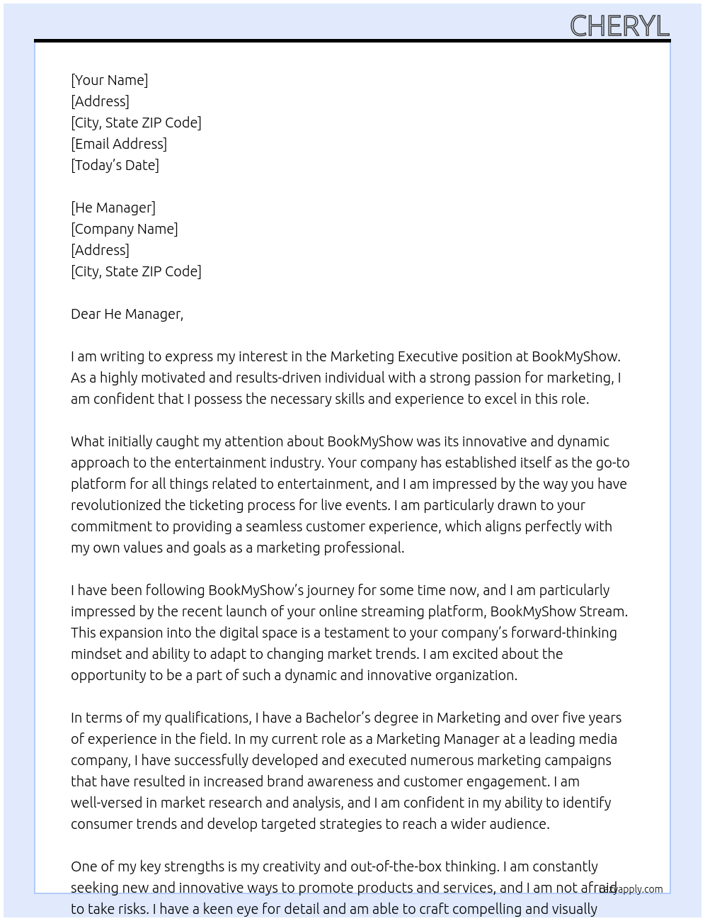 marketing executive At BookMyShow Cover Letter