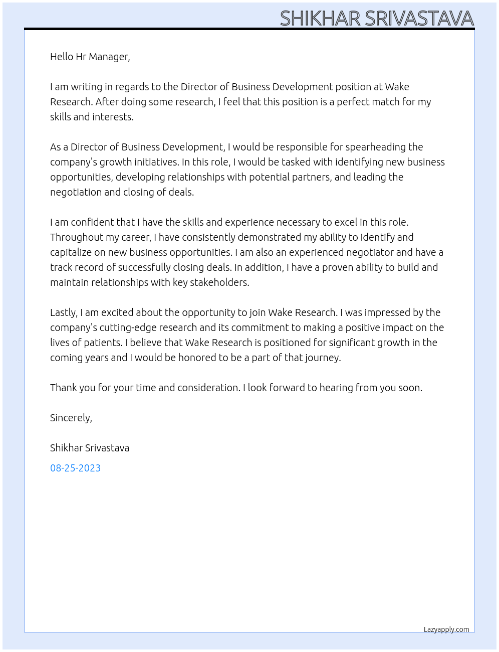 Director of business development At Wake Research Cover Letter