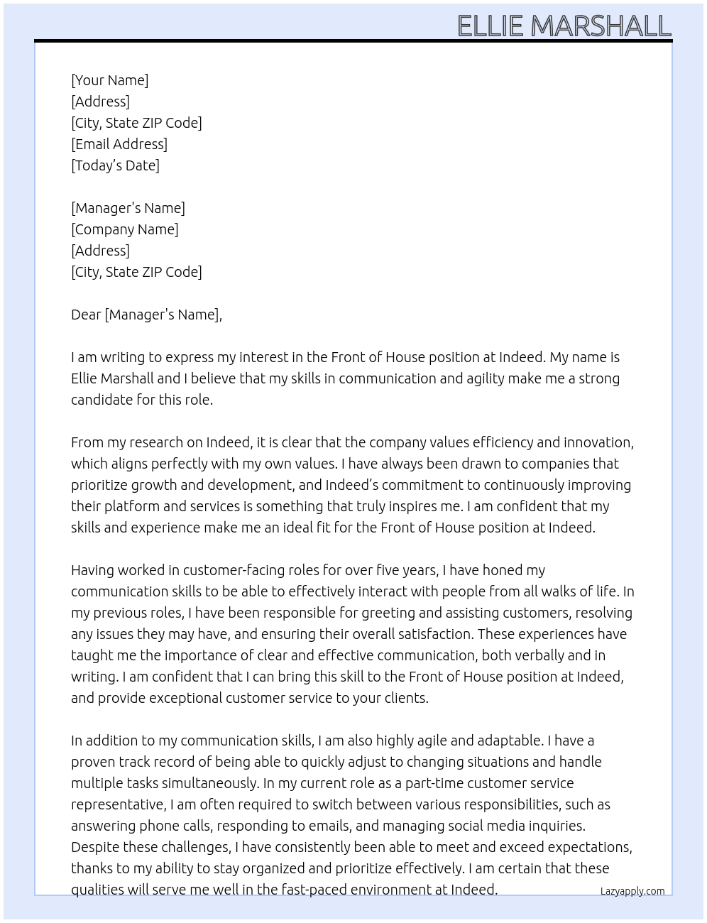 Front of house At Indeed Cover Letter