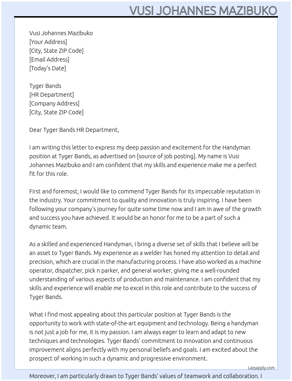 Handyman  At Tyger bands  Cover Letter