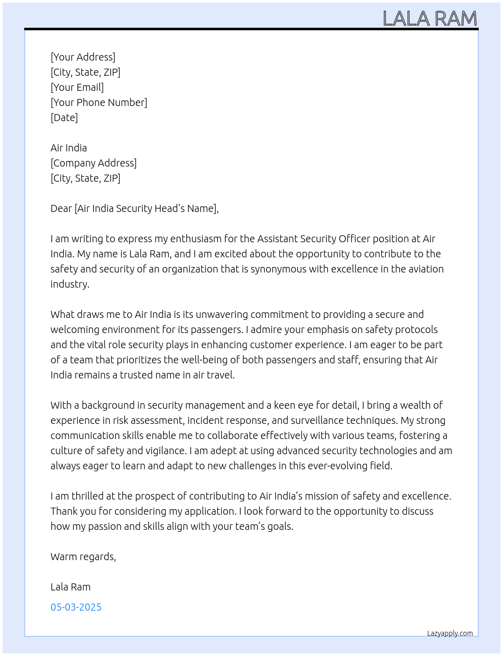 Assistant security officer  At Air india Cover Letter