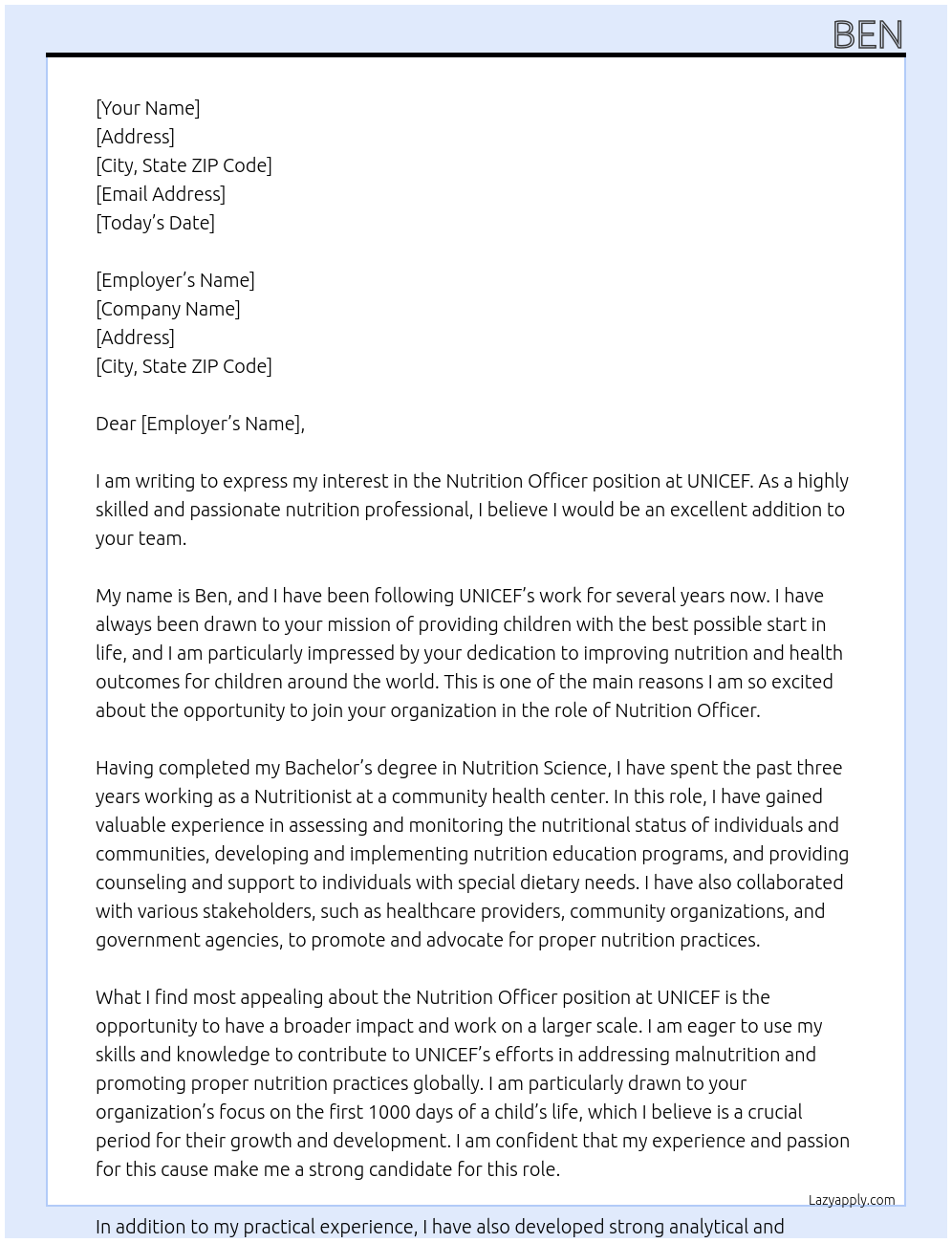 nutrition officer  At unicef Cover Letter