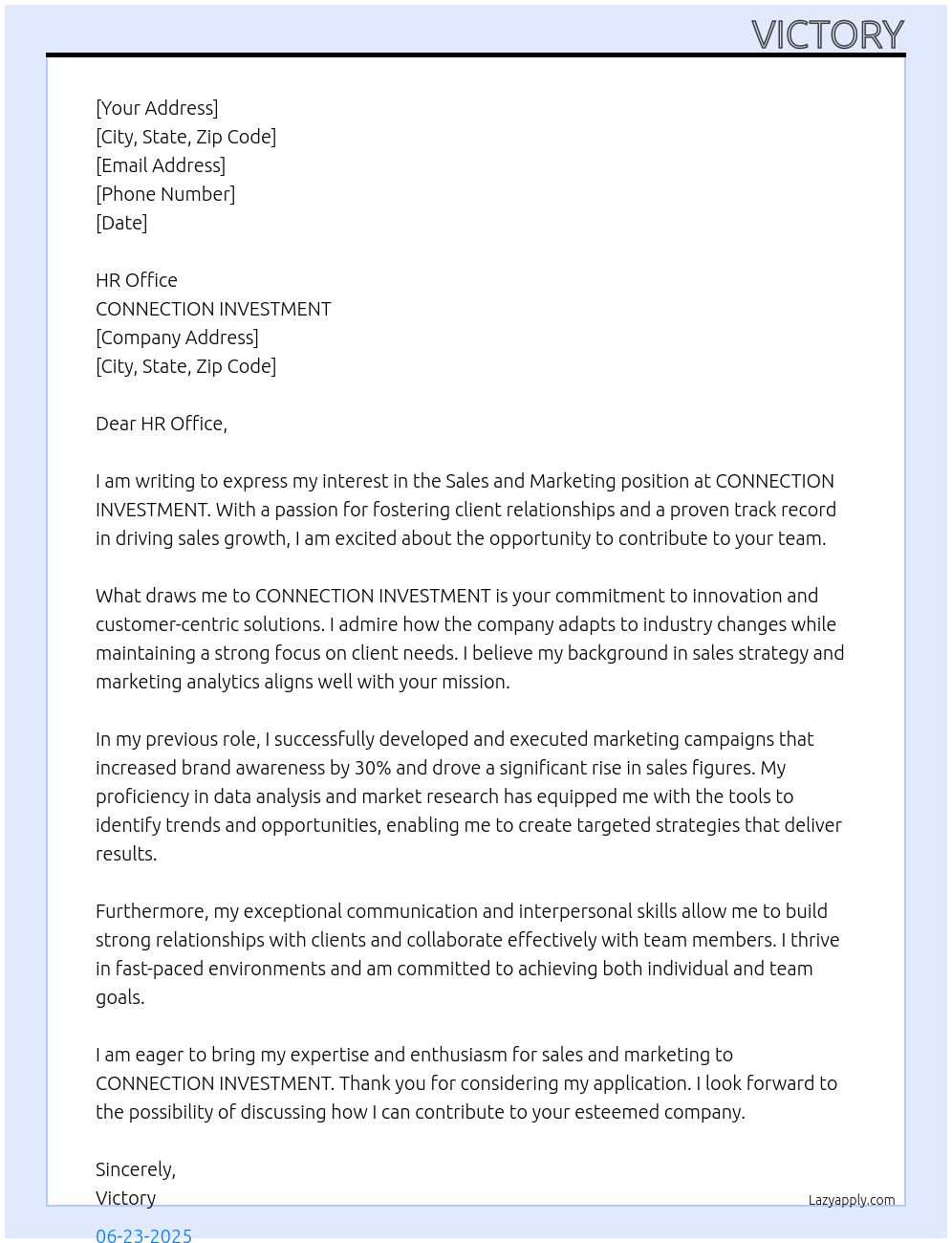 Sales and Marketing At CONNECTION INVESTMENT Cover Letter