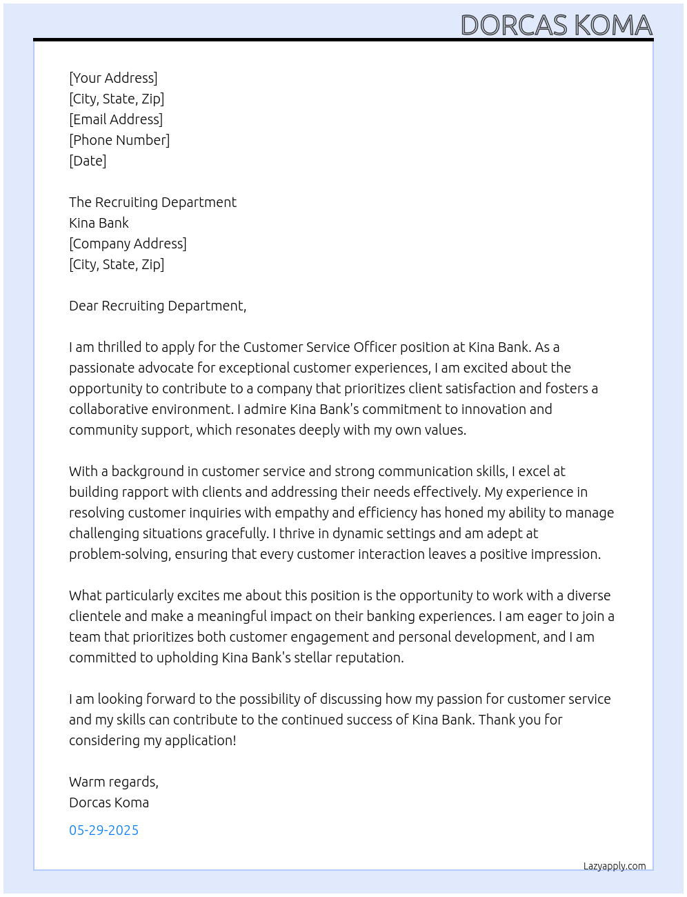 Customer service Officer  At Kina Bank Cover Letter