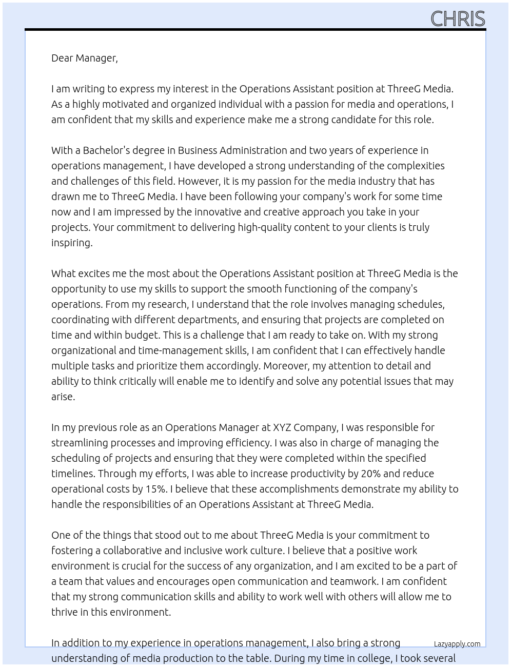 operations assistant At threeg media Cover Letter