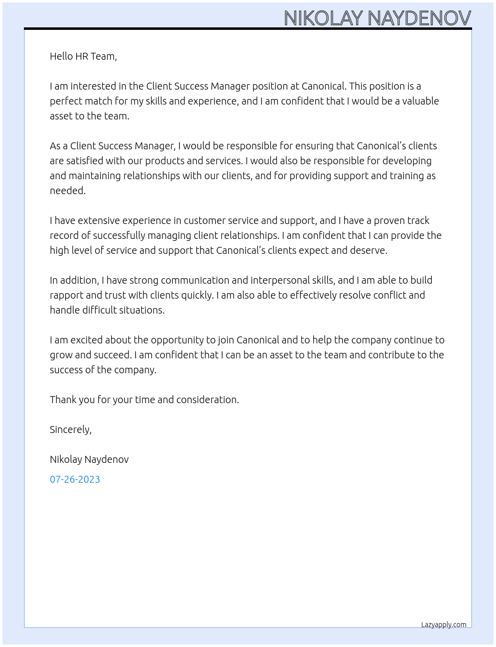 Client Success Manager At Canonical Cover Letter