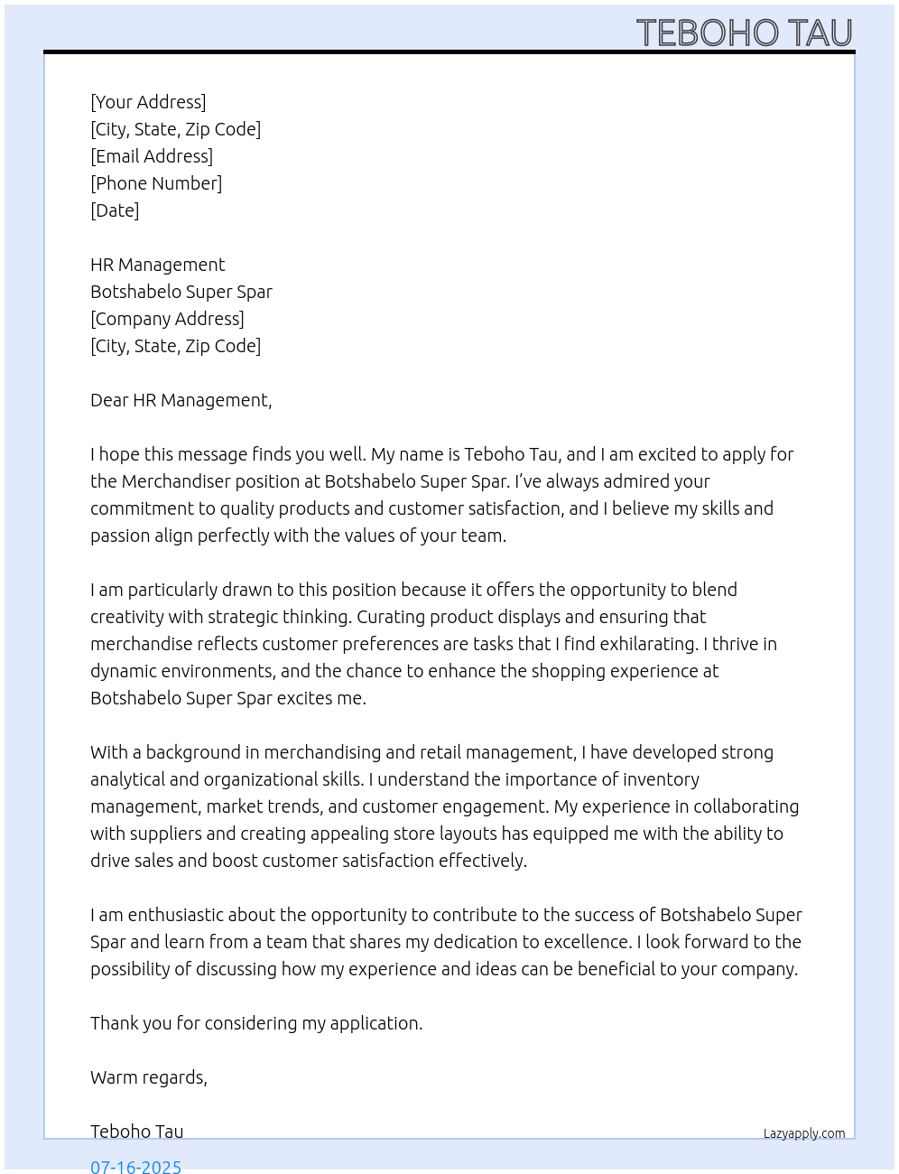 Merchandiser At Botshabelo Super Spar Cover Letter