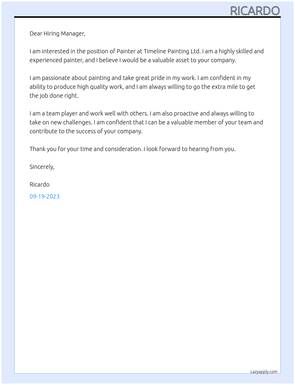 Painter At Timeline Painting Ltd Cover Letter