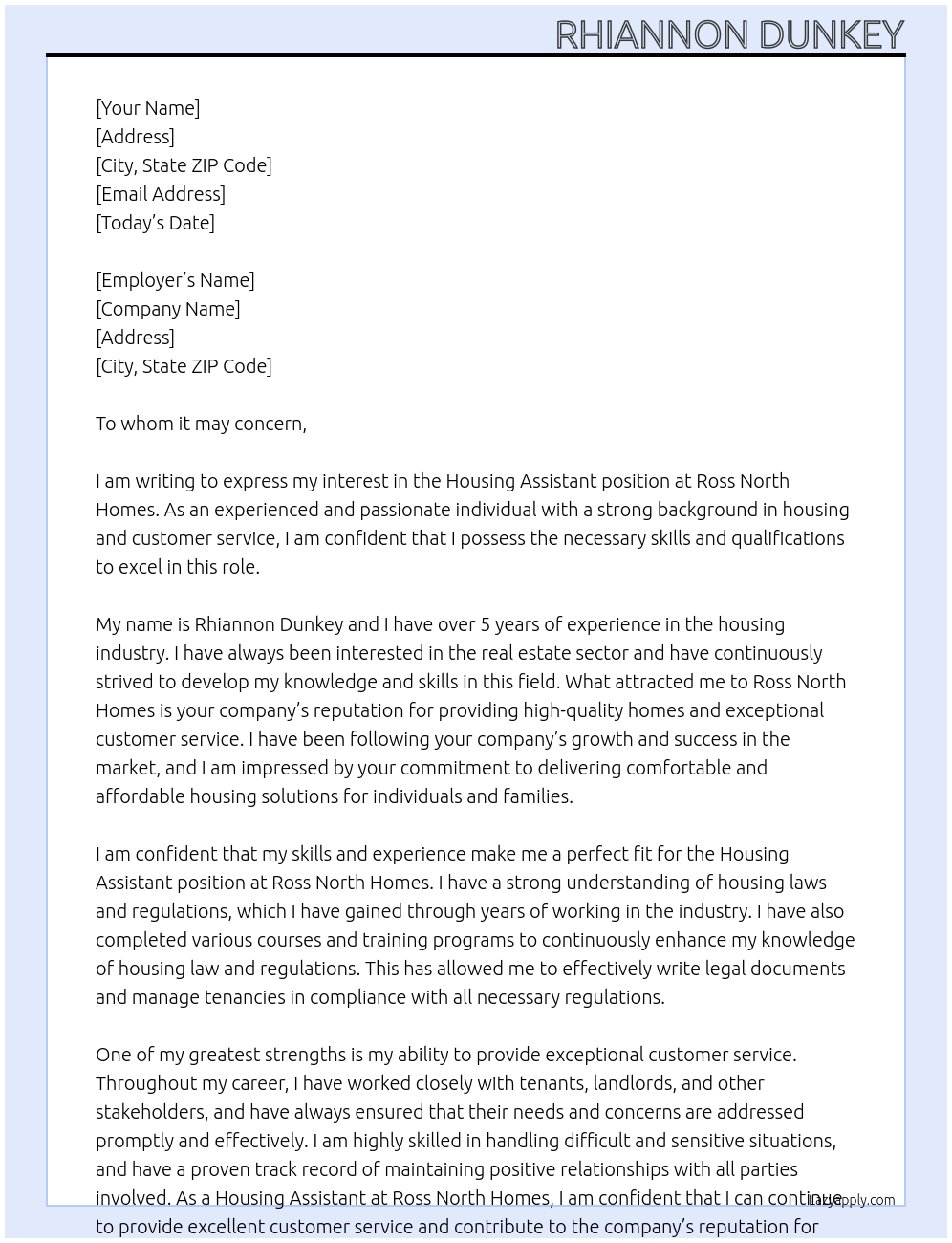 Housing Assistant  At Ross North Homes Cover Letter