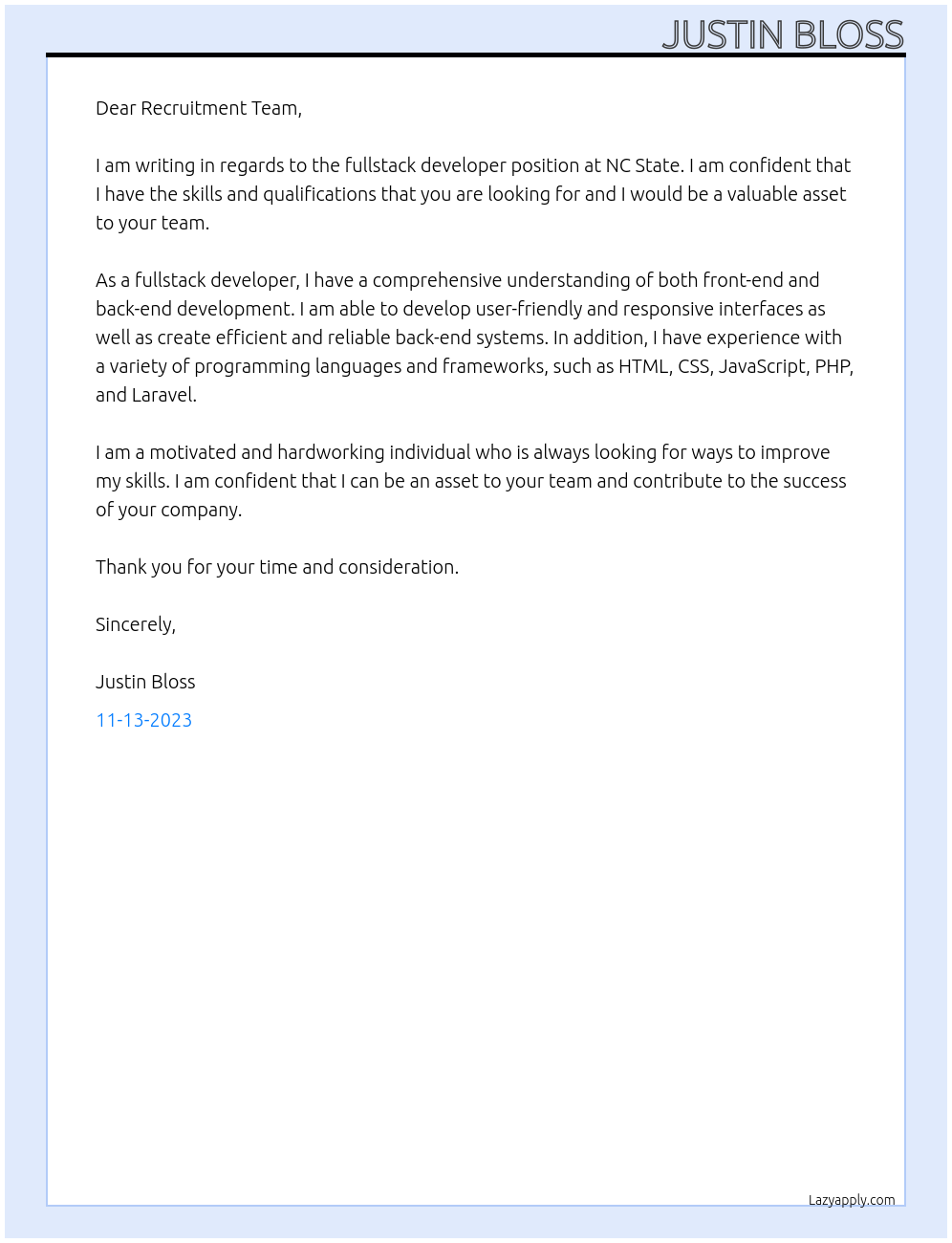 fullstack developer At NC State Cover Letter