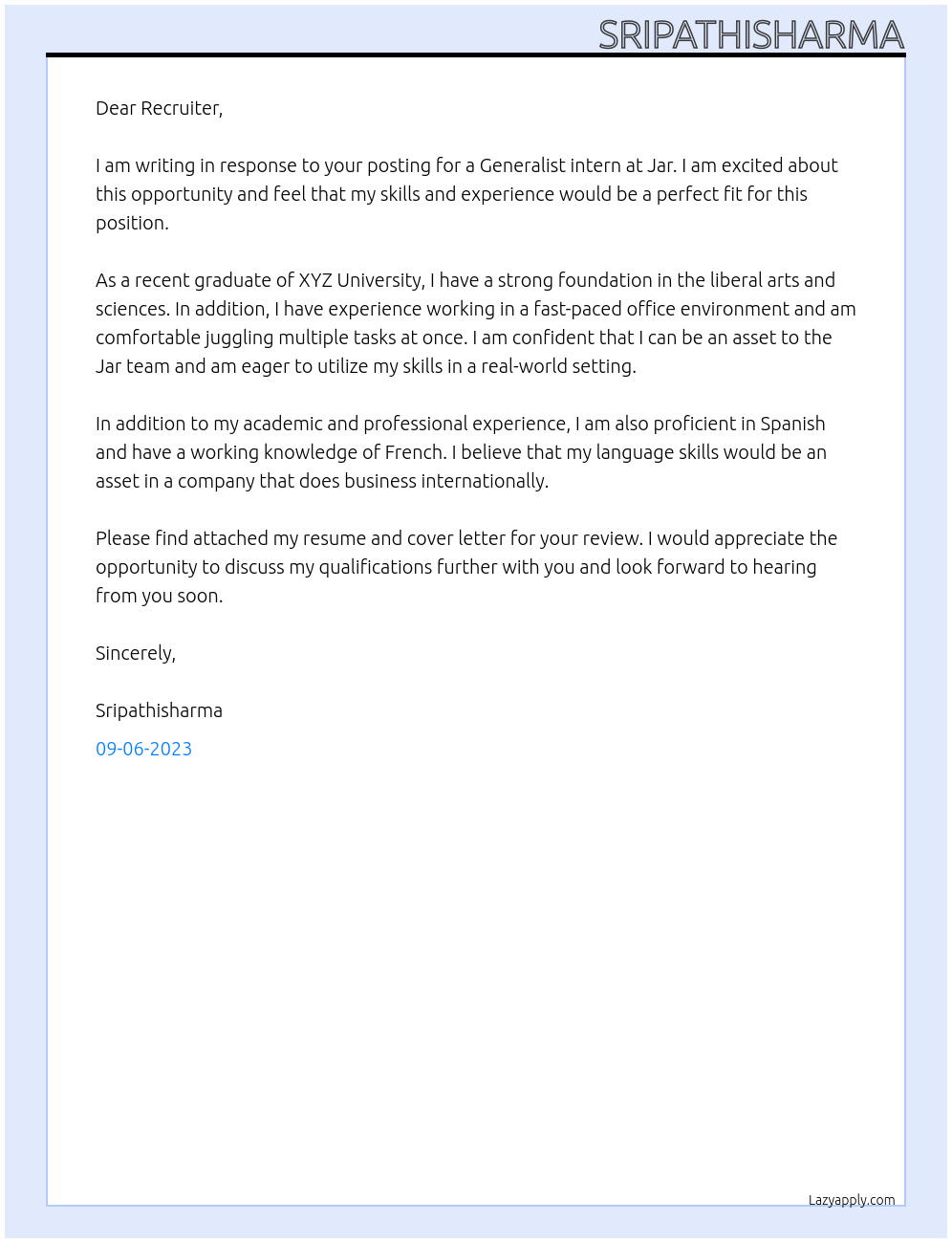 Generalist intern At Jar Cover Letter