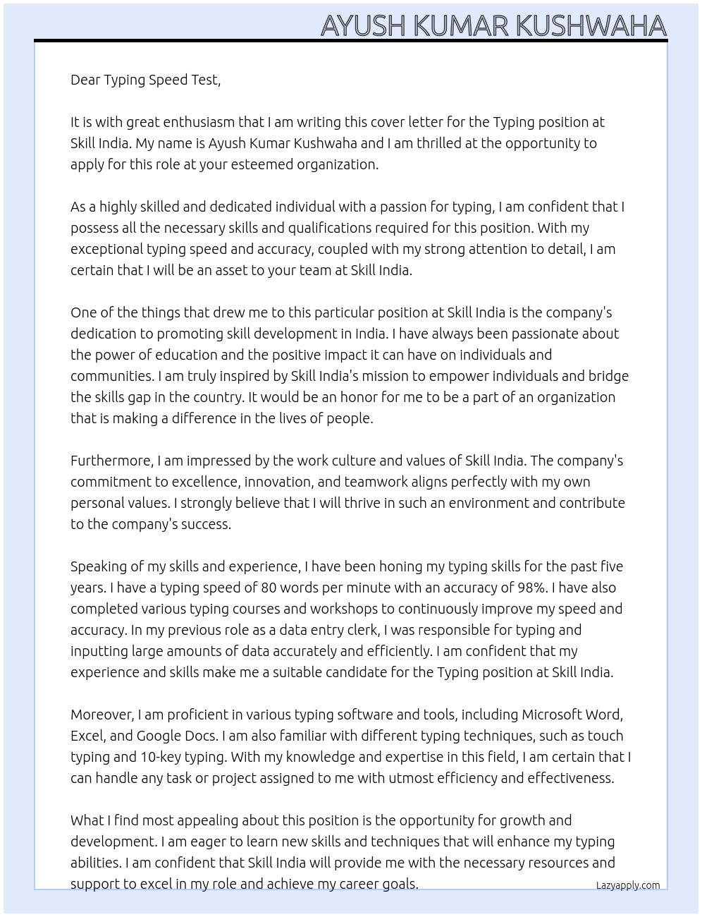 Typing At Skill india Cover Letter