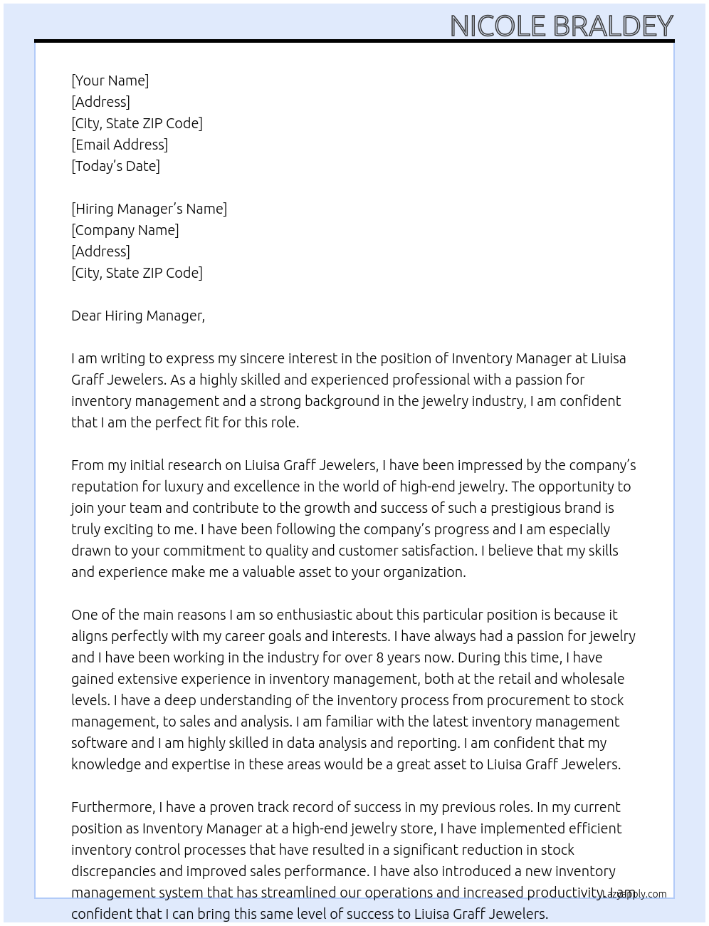 Inventory Manager At Liuisa Graff Jewelers Cover Letter