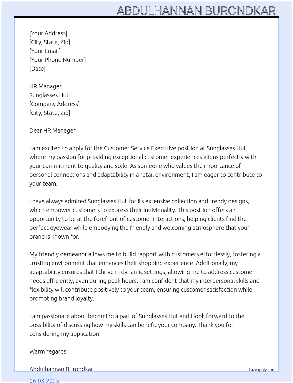 Customer service executive At Sunglasses Hut Cover Letter