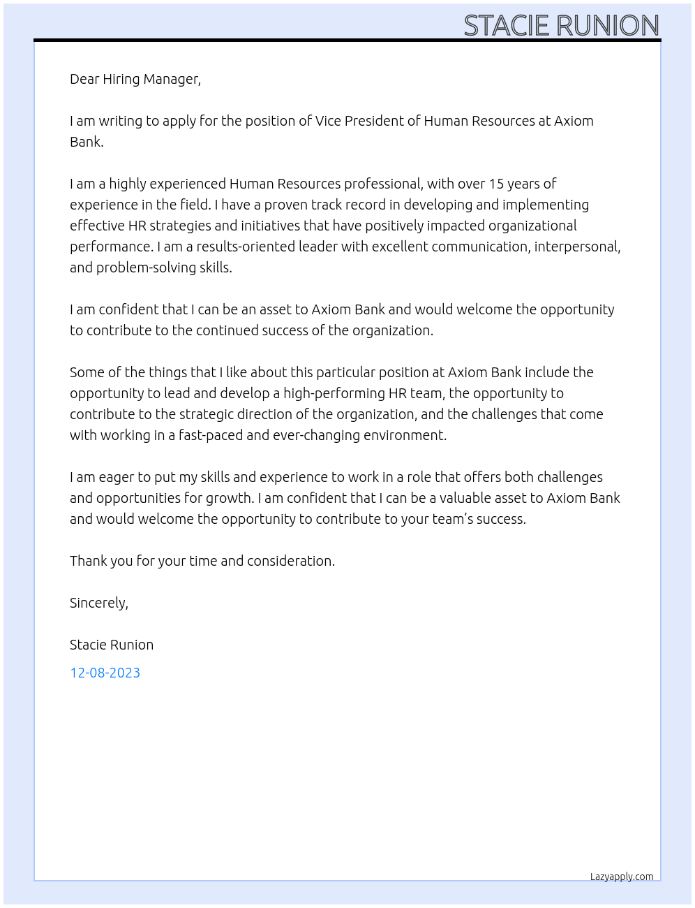 Vice President Human Resources At Axiom Bank Cover Letter