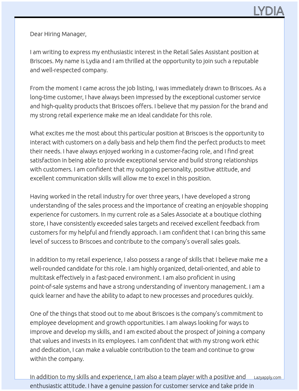 Retail Sales Assistant At Briscoes Cover Letter