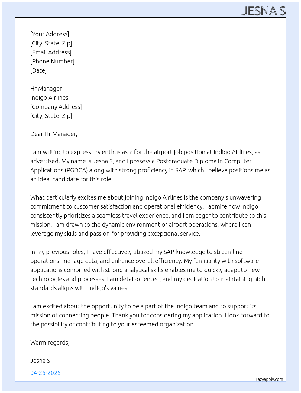 Airport job At Indigo Airlines  Cover Letter