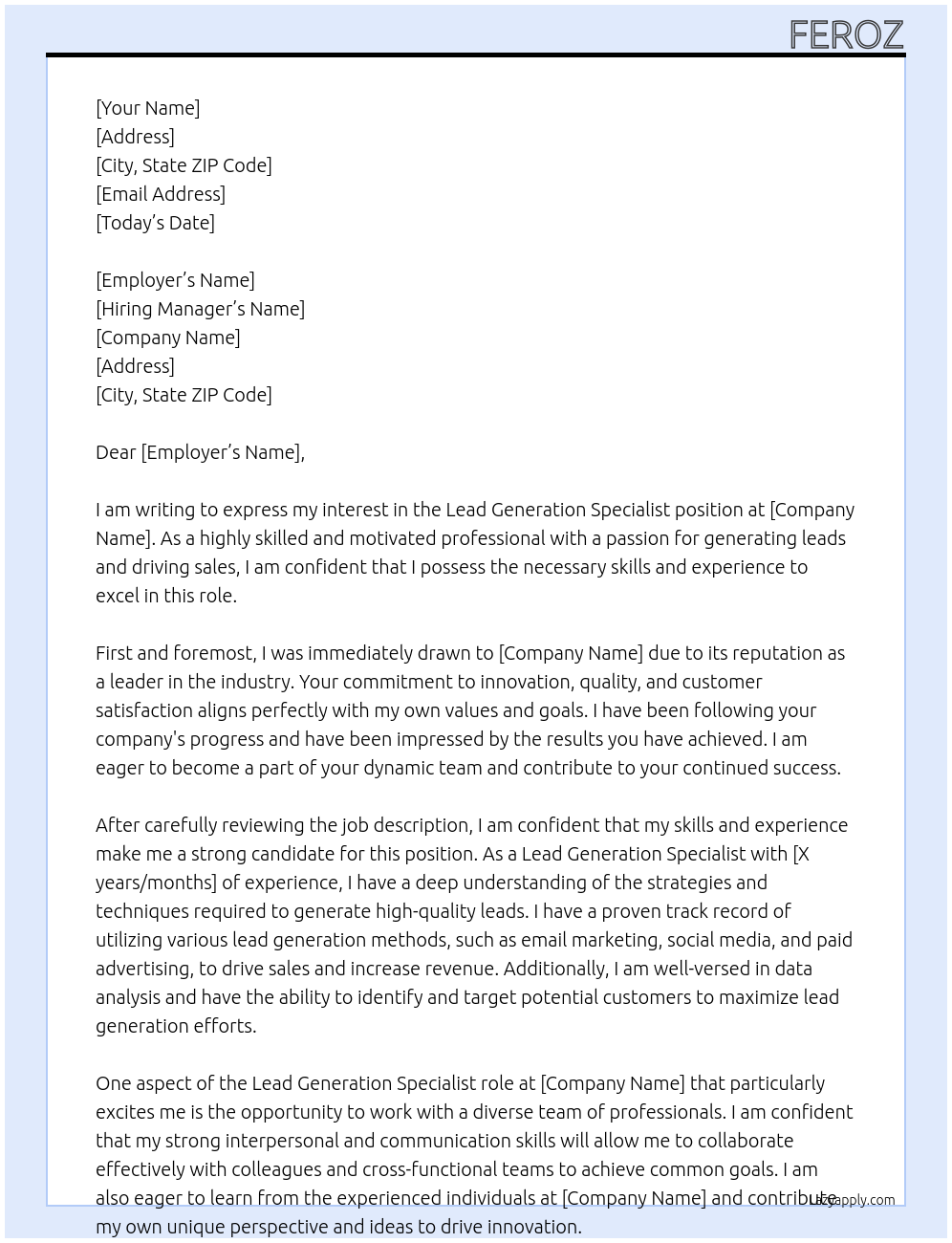 Lead generation specialist At xyz Cover Letter