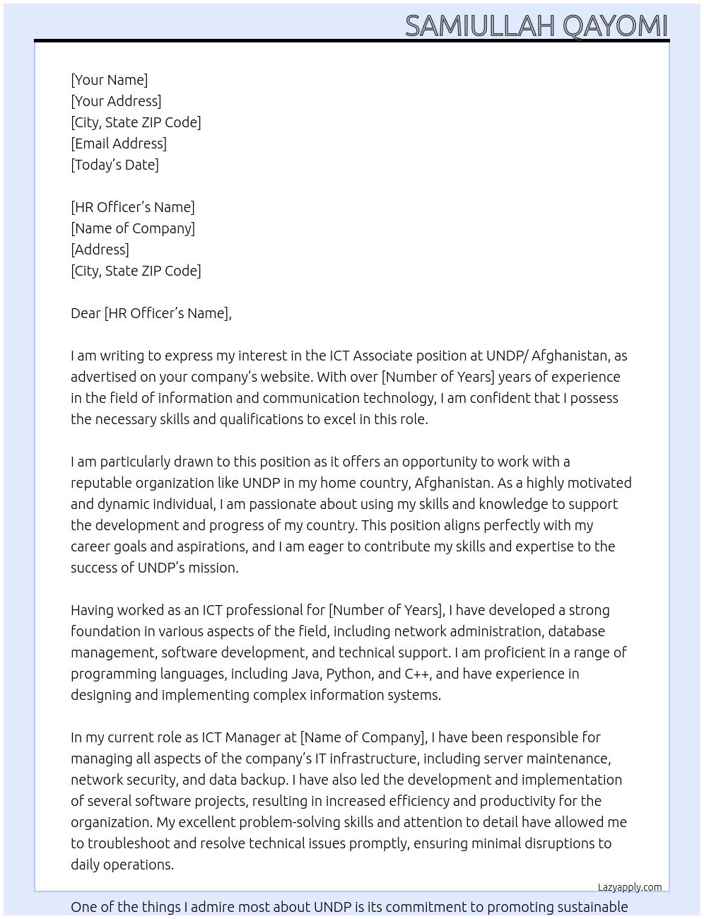 ICT Associate At UNDP/ Afghanistan Cover Letter