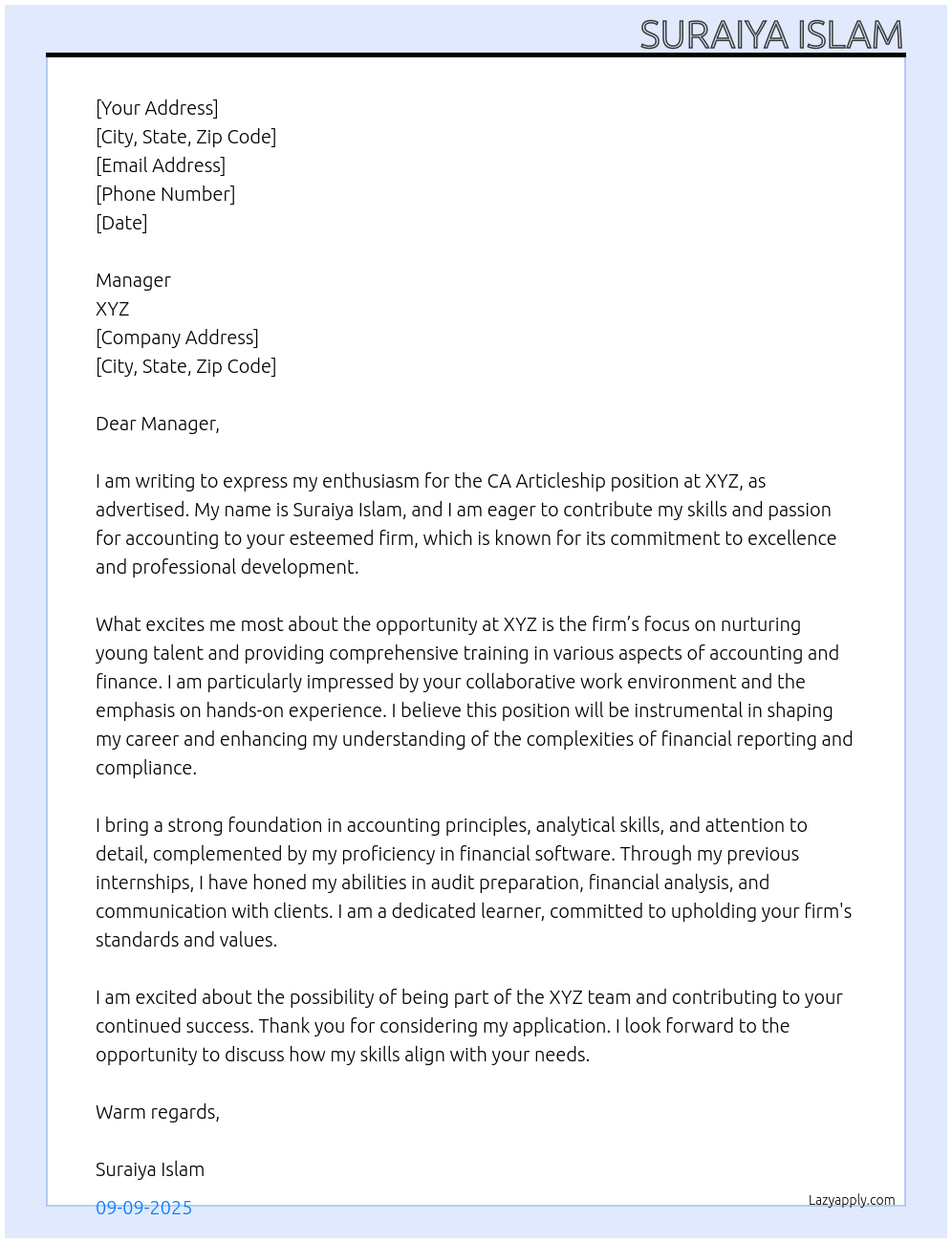 CA Articleship At xyz Cover Letter