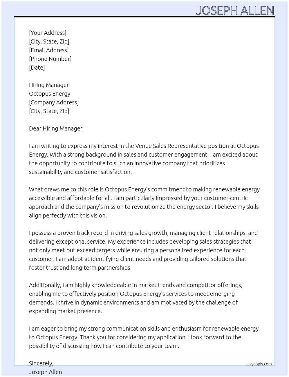 Venue Sales Representative At Octopus Energy Cover Letter
